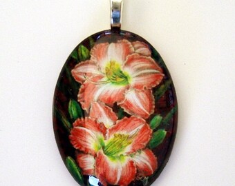 Rose Decor Daylily Art Glass Pendant, Colored Pencil Flower