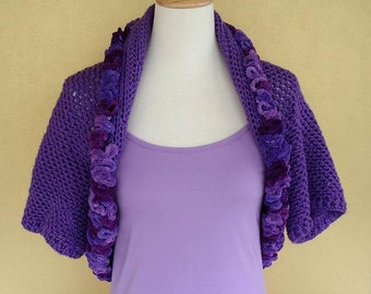 Crochet Shrug Bolero Lavender Purple Orchid Evening Prom Wrap with Ruffle Ribbon Edge Mother's Day Birthday Gift ON SALE NOW
