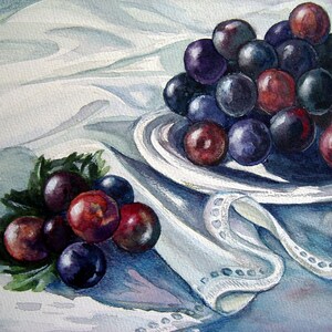 Dark Purple and Red Grapes on White Tablecloth Painting Original Art Mixed Media Art Gift for Grape Lover by AllKindsofArt