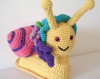 Crochet Snail Baby Rattle Toy: Pink Shell, Hat with Flowers
