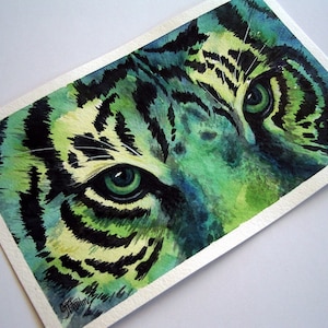 Tiger Art Cat Eyes Original Watercolor Green Eyes Fantasy Colored Pencil Art by artist Glenda Mullins Tiger Lover Gift