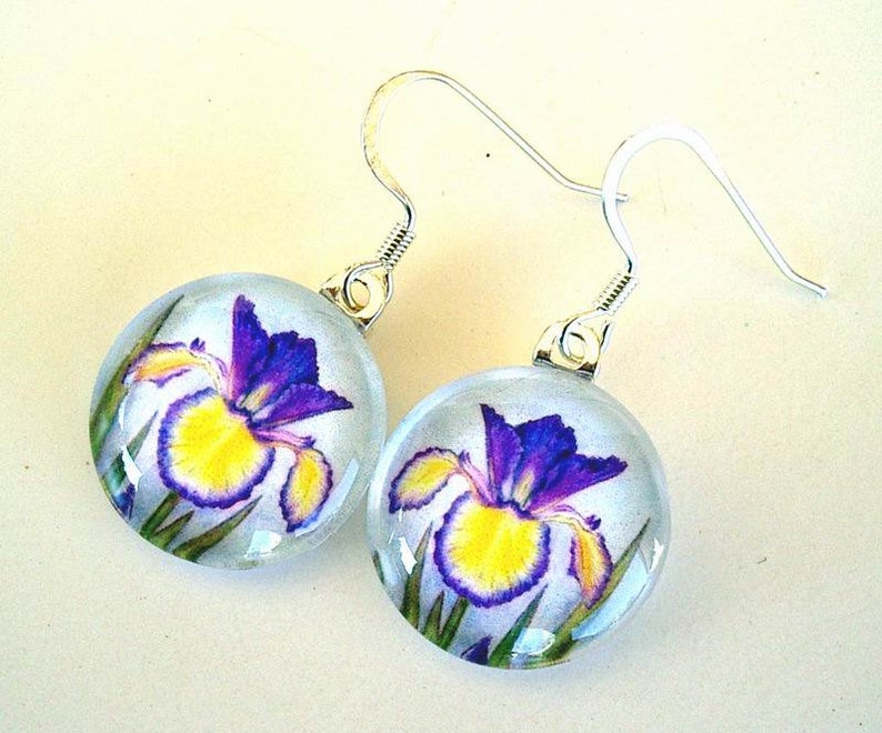 Iris Earrings Yellow and Blue Violet Spuria Iris Jewelry Round Art Glass Earrings
