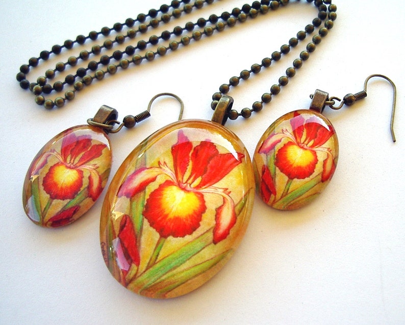 Spuria Iris Jewelry Earrings Maroon Red and Yellow Antique Brass Oval Art Glass Strike Zone Iris Mother/'s Day Gift