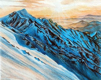 Snowy Mountain Sunset Painting, Colored Pencil Art (6x8)