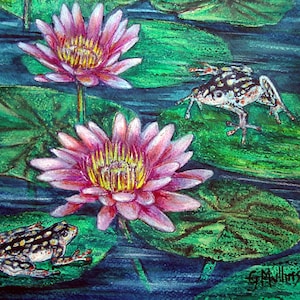 PInk Water Lilies and Frogs Painting Original Watercolor Oil Pastel Mixed Media Resist Art by AllKindsofArt artist Glenda Mullins