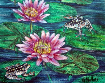 Pink Water Lilies and Frogs Painting: Original Mixed Media Art