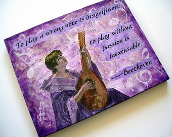 Beethoven Quote Collage Art: Mandolin Player Painting on Canvas