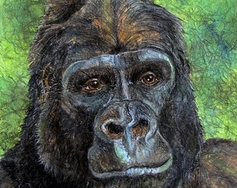 Gorilla Painting Original Art 8x10 Exclusive Watercolor with Colored Pencil Art by AllKindsofArt artist Glenda Mullins