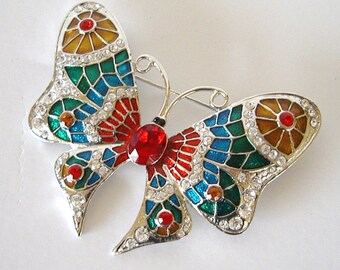 Vintage Enamel Butterfly Pin, Rhinestone Silver Tone Brooch