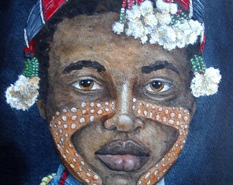 African Girl Portrait: Original Watercolor Resist Painting, 10x14"