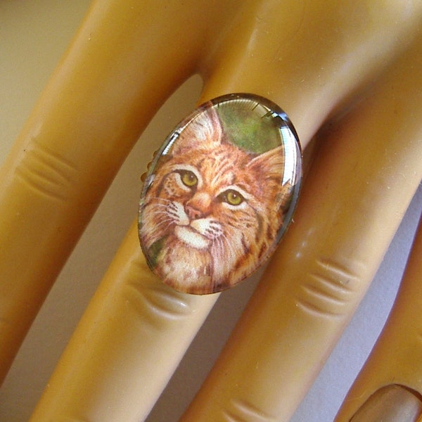 Cat Ring Adjustable Ring Bobcat Wildcat Lynx Jewelry School Team Mascot Art Glass