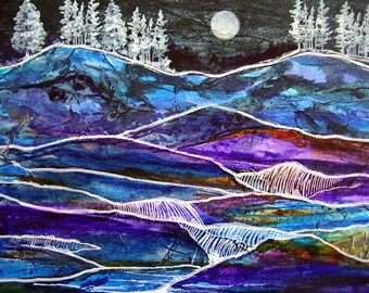 Moonlit Hills and Waterfalls Original Collage Art by AllKindsofArt artist Glenda Mullins