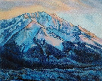 Mountain Sunset Colored Pencil Art: Original Snowy Slope Painting