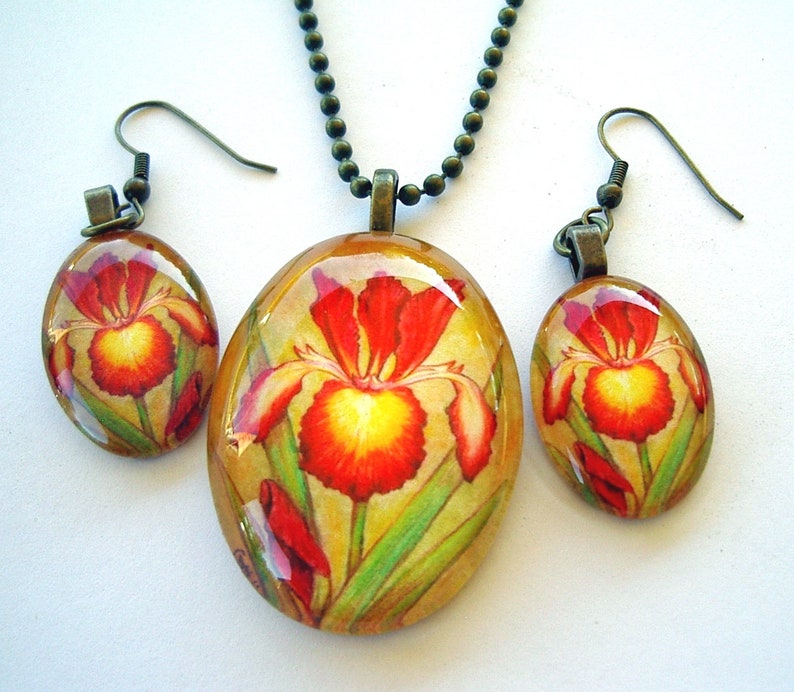 Spuria Iris Jewelry Earrings Maroon Red and Yellow Antique Brass Oval Art Glass Strike Zone Iris Mother/'s Day Gift