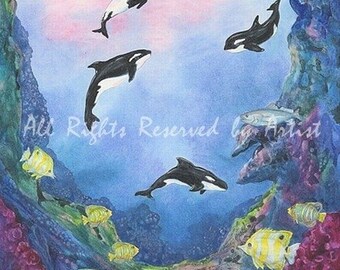 Framed Orca Whale Art Print: Ocean Colored Pencil Painting Reproduction