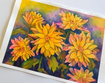 Chrysanthemum Watercolor Painting: Golden Floral Art, Primary Colors