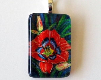 Red Daylily Jewelry Art Glass Rectangle Pendant Velvet Eyes
