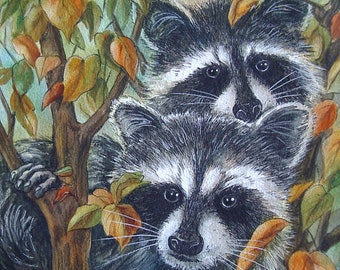 Raccoons Art Painting Hiding in Autumn Trees Original Watercolor Mixed Media Art by AllKindsofArt artist Glenda Mullins