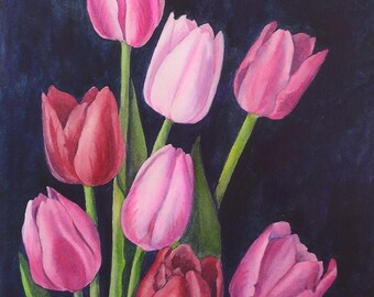 Pink Tulips Watercolor Painting Dark Background Flower Art by AllKindsofArt artist Glenda Mullins