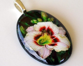 Daylily Art Glass Pendant: Cream Pink Floral Jewelry