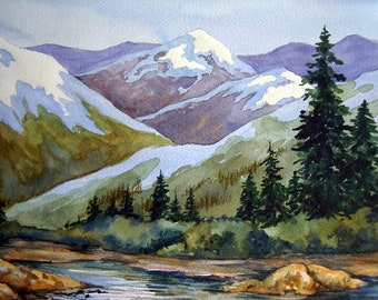 Original Watercolor Painting: Sunlit Mountain Stream Landscape Art