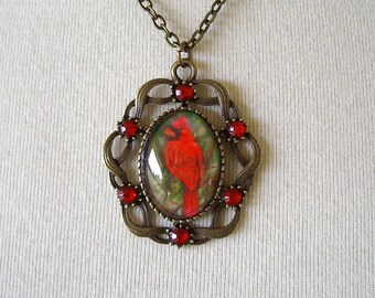 Red Cardinal Bird Art Necklace: Antique Brass Oval Pendant