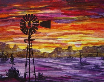Desert Sunset Collage Art: Original Watercolor Windmill Painting (16x12)