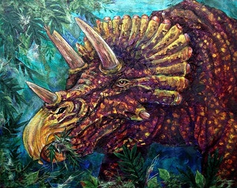 Dinosaur Painting Triceratops Original Collage Art for Childs Room by AllKindsofArt artist Glenda Mullins