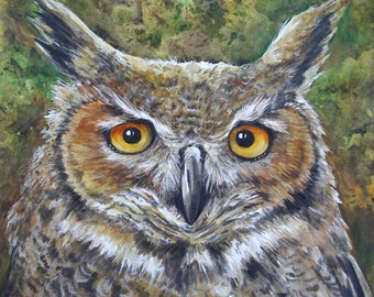 Great Horned Owl Painting Exclusive Original Watercolor and Mixed Media Art Owl School Mascot by AllKindsofArt artist Glenda Mullins
