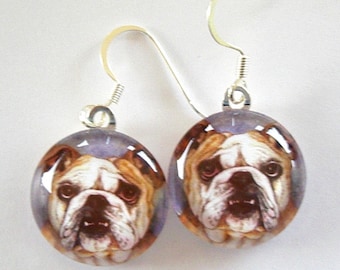 Bulldog Lovers Earrings School Mascot Round Exclusive Art  Glass Earrings by AllKindsofArt Glenda Mullins