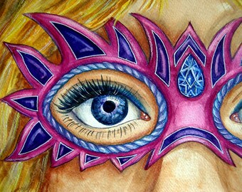 Jeweled Mask Art Watercolor Original Painting Blue Violet Eyes Behind a Mask with Blonde Hair