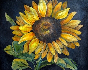 Original Sunflower Watercolor Painting, Ink Tempera Resist Art (8x10)