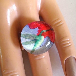 Hummingbird Ring Adjustable Bird Art Glass Silver Plated Base Exclusive Art for Bird Lover or Bird Watcher Birthday Gift