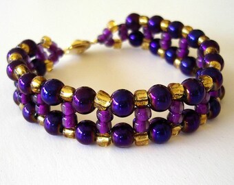 Purple Glass Pearl Beaded Bracelet, Gold Ladder Stitch Design