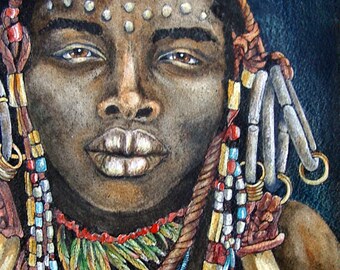 African Native Portrait Painting Original Watercolor and Tempera  Ink Resist Art AllKindsofArt artist