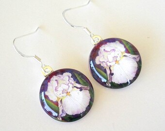 White Iris Flower Earrings: Bridal Icing Art Glass Drops