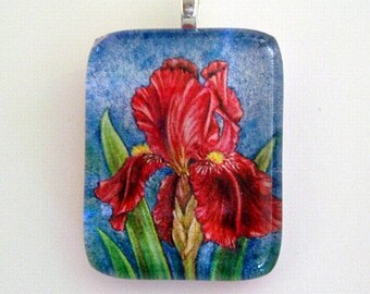 Maroon Iris Art Glass Pendant, Flower Jewelry