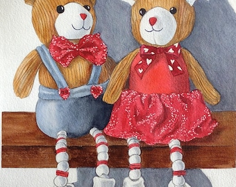 Stuffed Teddy Bears Painting Valentine Couple Original Demonstration Watercolor Art by AllKindsofArt Glenda Mullins