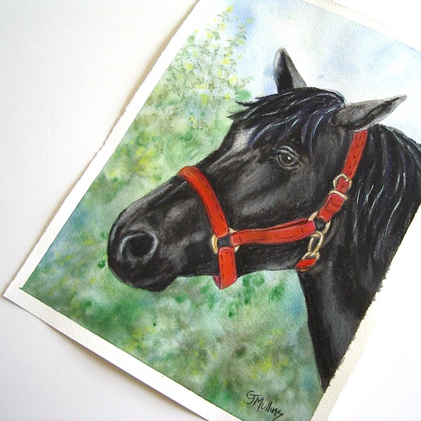 Black Horse Head Painting Original Watercolor Oil Pastel Mixed Media Resist Art by AllKindsofArt artist Glenda Mullins