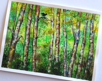 Spring Summer Aspen Trees Forest Painting Original Watercolor