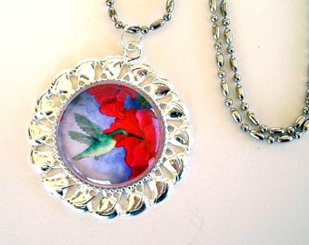 Hummingbird Art Glass Pendant Necklace: Silver Plated, Watercolor Design