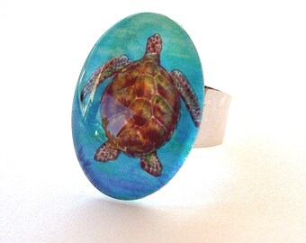 Sea Turtle Art Ring: Adjustable Silver Plated Ocean Jewelry