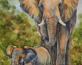 Original Watercolor Elephant Painting: Father & Son Art by Glenda Mullins