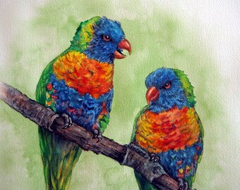 Rainbow Lorikeets Watercolor Painting: Original Bird Art, 14" x 10"