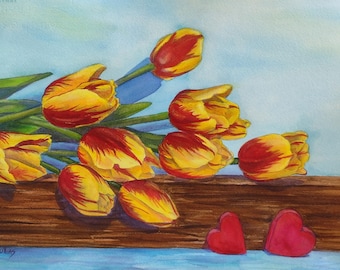 Striped Yellow & Red Parrot Tulips Flower Watercolor Painting Shadowed Background by AllKindsofArt artist Glenda Mullins
