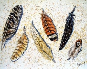 Feather Watercolor ORIGINAL Painting Brown Gold Black Demonstration Watercolor Art by AllKindsofArt Glenda Mullins