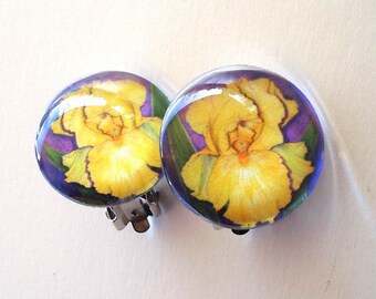 Iris Flower Clip On Earrings Yellow Gold Iris Exclusive Art Glass Gardener Gift Mother's Day Earrings