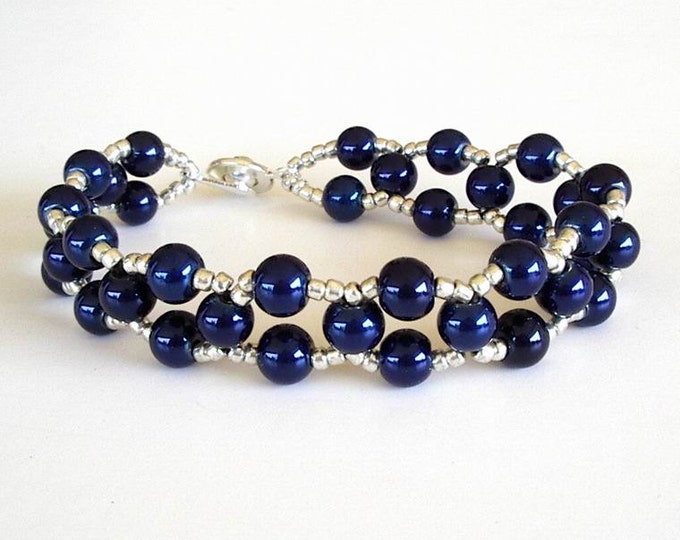 Beaded Bracelet Jewelry Navy Blue Stones Silver Plated Seed Etsy