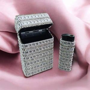 Prestigious Baguette Rhinestone Cigarette Box Silver Color White Beaded And Lighter