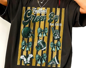 Green Football Bay Color Stripe Doodle Graphic Vintage Comfort Color Shirt